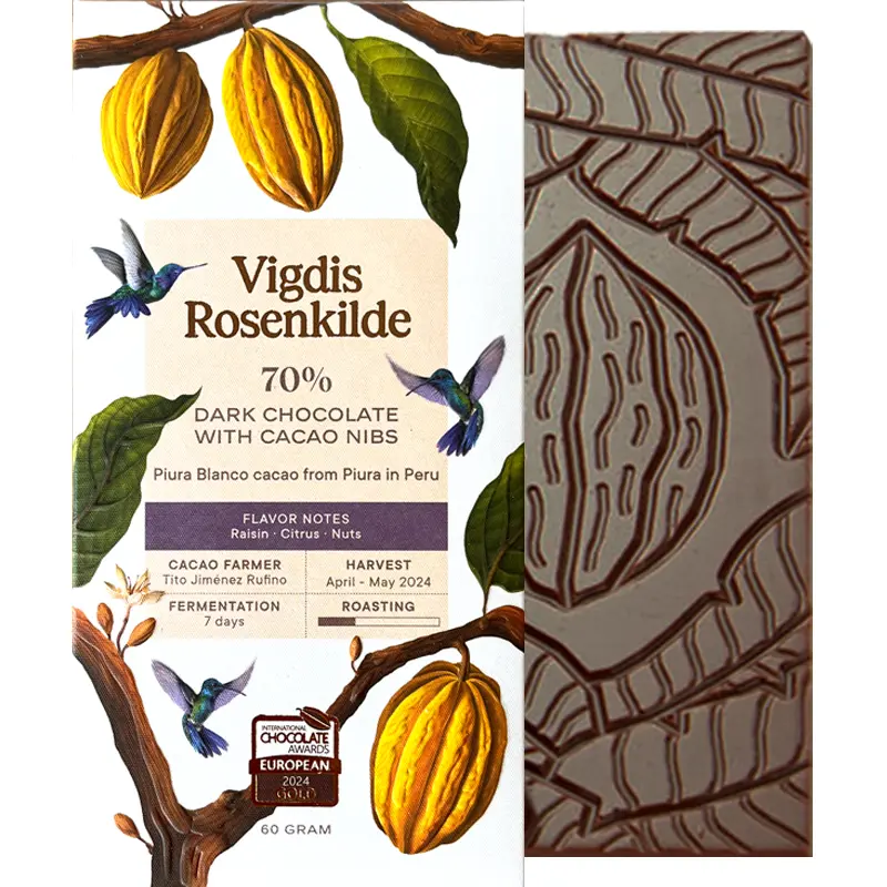 VIGDIS ROSENKILDE | Dunkle Schokolade & Nibs »Piura Blanco – Piura Peru« 70% | 60g Prämierte Schokolade mit Kakaonibs von Vigdis Rosenkilde Norwegen