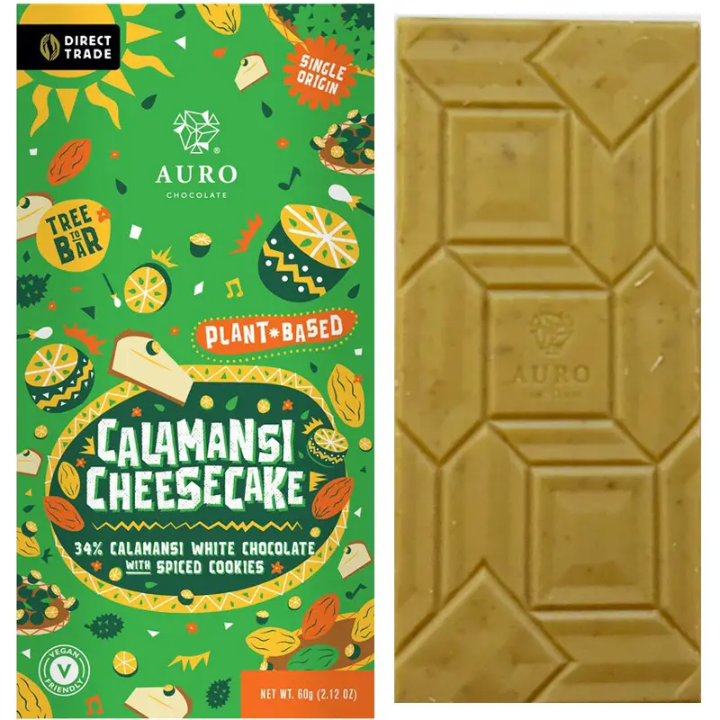AURO Chocolate | Weiße Schokolade »Calamansi Cheesecake« 34% | 60g Cheesecake und Calamani weoiße vegane Schokolade von Auro