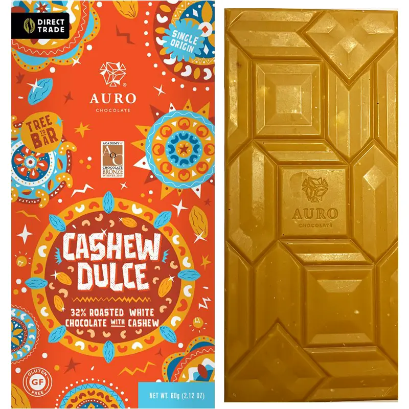 AURO Chocolate | Weiße Schokolade »Cashew Dulce« 32% | 60g MHD 12.12.2025 Dulce weiße Schokolade mit gerösteten Cashewkernen von Auro, prämiert