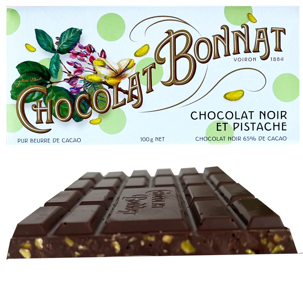 Feinste dunkle Schokolade mit gerösteten , gehackten Pistazien von Bonnat Frankreich