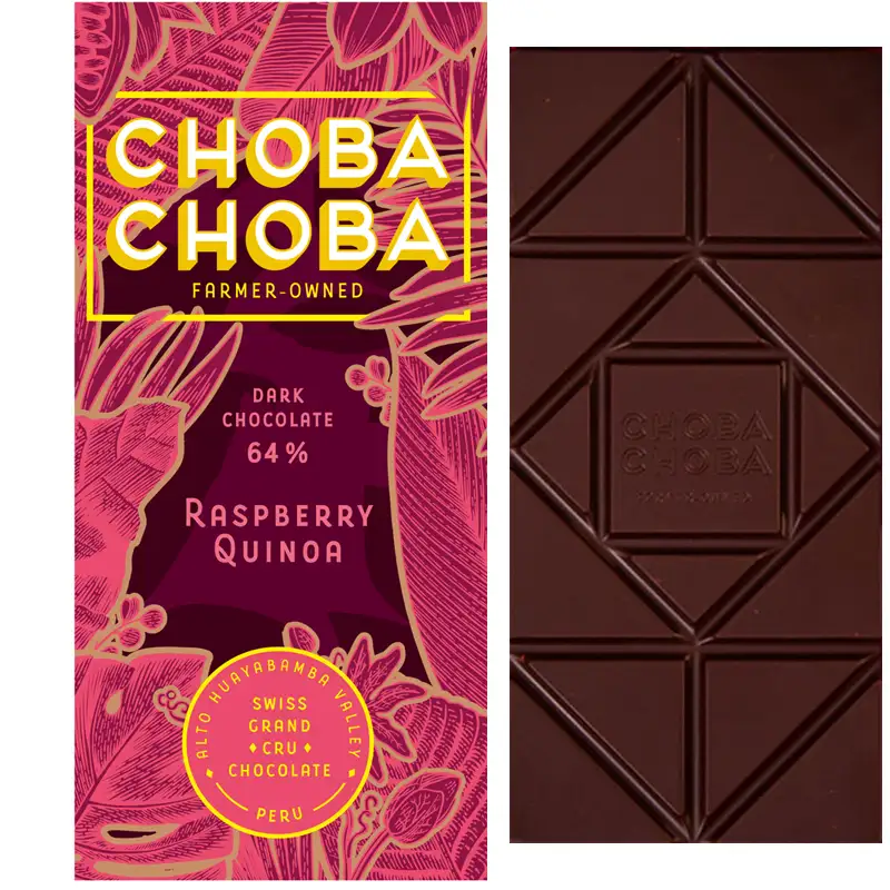 CHOBA CHOBA | Dunkle Schokolade »Raspberry & Quinoa« 64% | | BIO | 91g Raspberry & Quinoa Schokolade von choba Choba