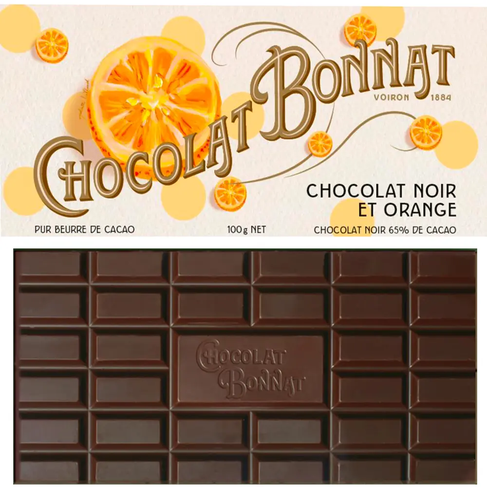 Dunkle Schokoladentafel mit Verpackung Weiß mit Orangenscheiben Chocolat Bonnat Noir et Orange, dunkle Schokolad emit Orange