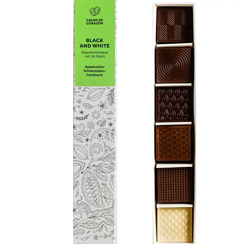 Cacao de CORAZÓN | Schokoladen »Black & White« Degustationsbox 180g Degustationsbox Black and white Schokolade von Cacao de Corazon Schweiz