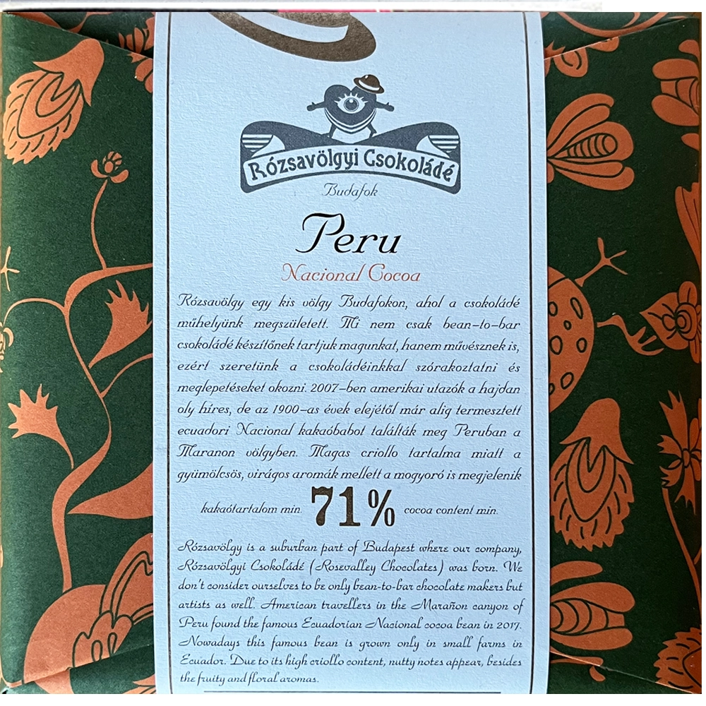 Peru Rózsavölgyi Nacional Cocoa 71 % Schokolade handwerklich hergestellt