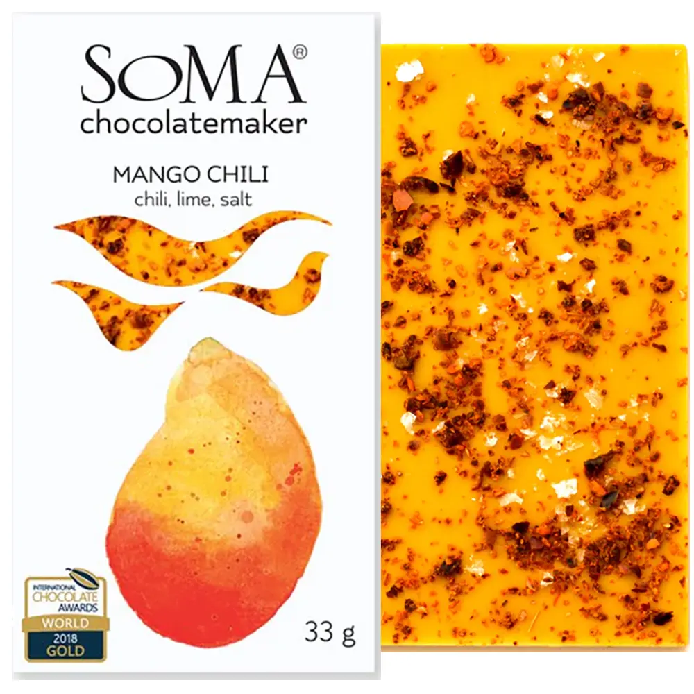 Gold prämierte weiße Schokolade mit Mango und Chili von Soma Kanaa