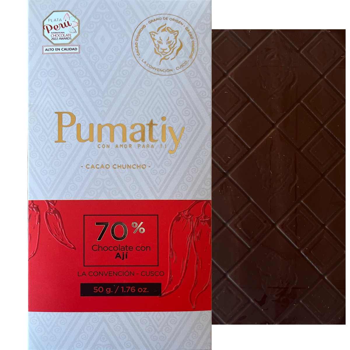 PUMATIY dunkle Schokolade 70% mit Chili Aji aus Cusco Peru, scharfe Bean-to-Bar Schokolade 50g, exotische Chili Schokolade aus Peru