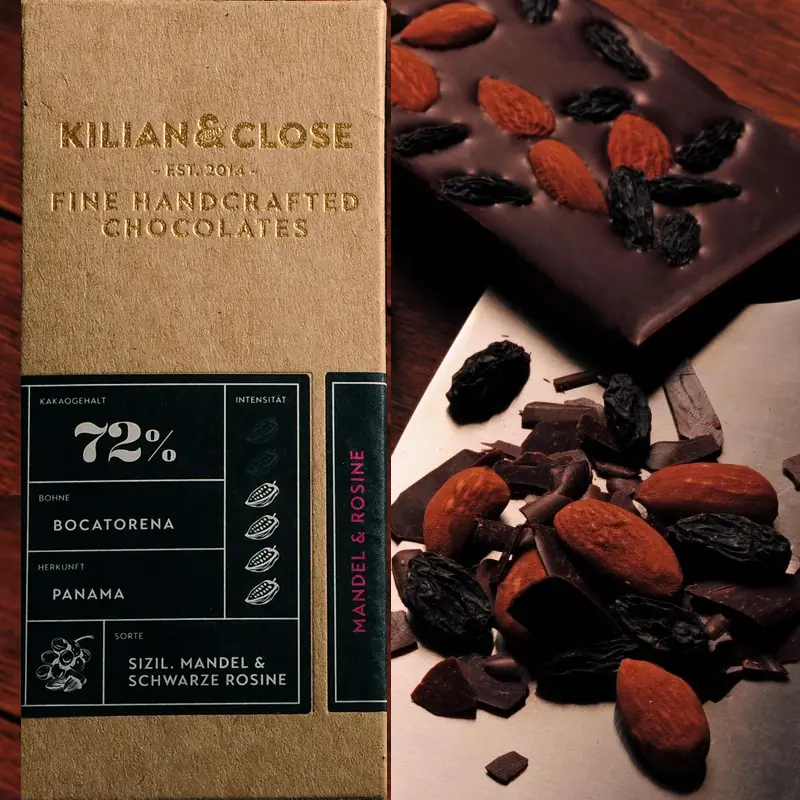 Mandel-Rosine Panama Schokolade von Kilian & Close mit 72% kakao