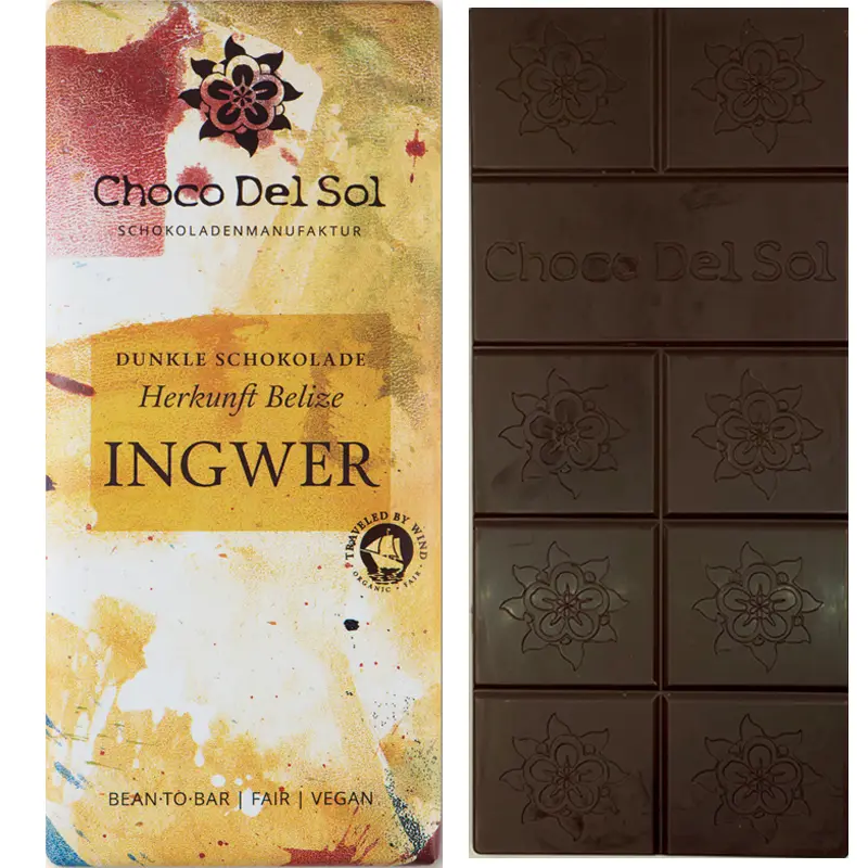 CHOCO DEL SOL | Dunkle Schokolade & Ingwer »Ginger« 82% | BIO | 58g CHOCO DEL SOL | Dunkle Schokolade & Ingwer »Ginger« 82% | BIO | 58g