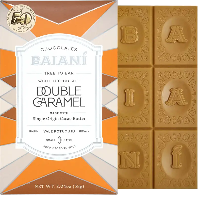 Baianí Tree-to-Bar weiße Schokolade mit doppelt karamellisierter Milch und Zucker