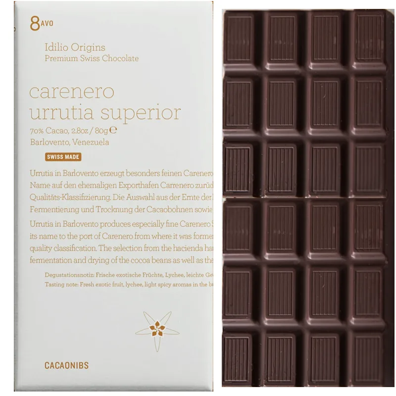 IDILIO ORIGINS | Dunkle Schokolade & Nibs »8avo carenero urrutia superior« Venezuela 70% | 80g Beste schweizer Schokolade 8avo Carenero urrutia superior von Idilio Origins Schweiz