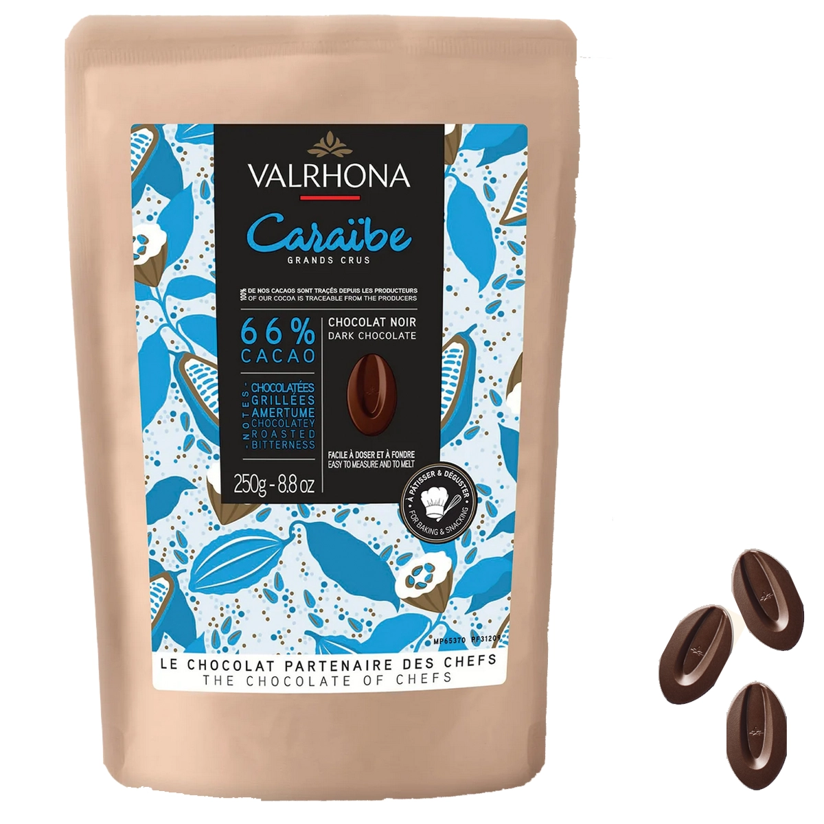 VALRHONA Caraïbe 66 % – dunkle Couverture‑Schokoladendrops 250 g