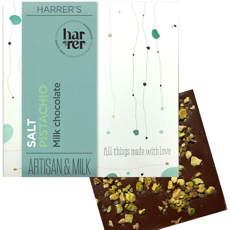 HARRER Chocolat | Milchschokolade & Pistazie »Salt Pistachio« 42% | 50g MHD 30.12.2025 Salted Pistachio Milchschokoalde mit gesalzenen Pistazien von Harrer