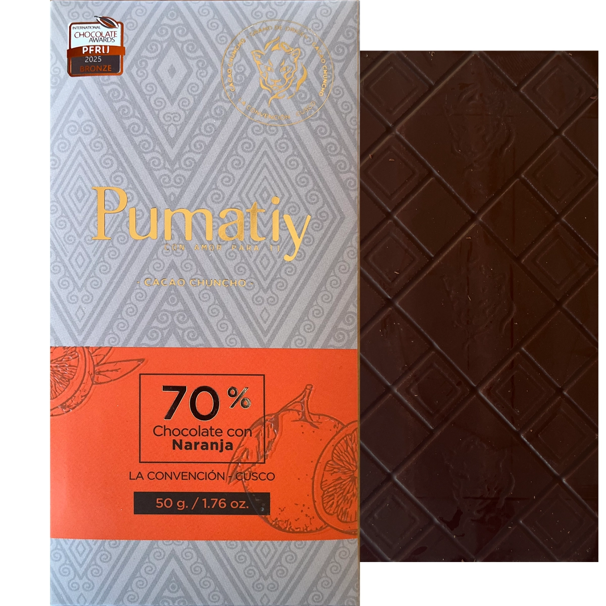 PUMATIY dunkle Schokolade 70% mit Orange aus Cusco Peru, fruchtige Bean-to-Bar Schokolade Peru Naranja