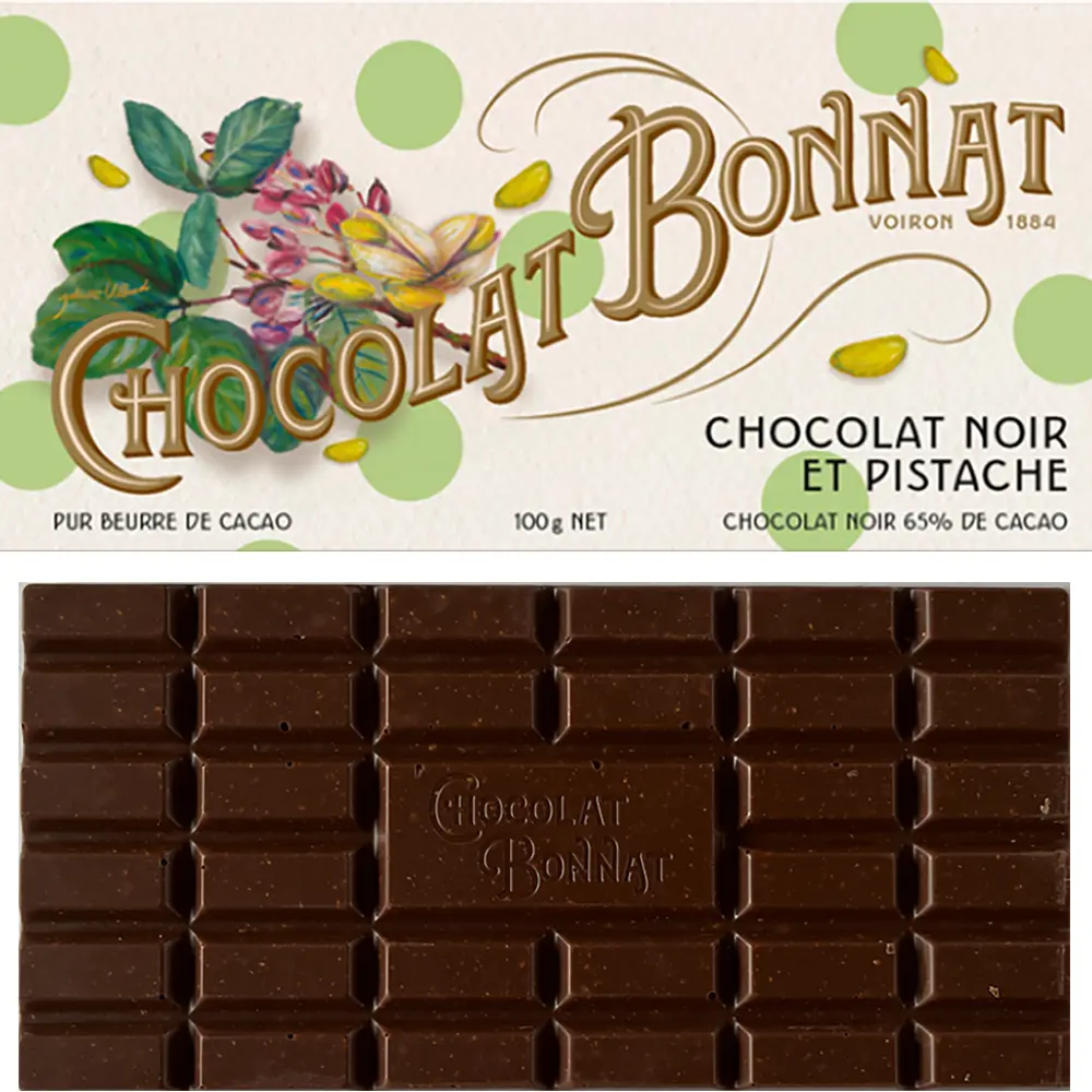 BONNAT Dunkle Schokolade & Pistazien | Chocolat »Noir et Pistache« 65% | 100g Dunkle Schokolade mit Pistazie Chocolat noir et t Pistache von Bonnat Frankreich