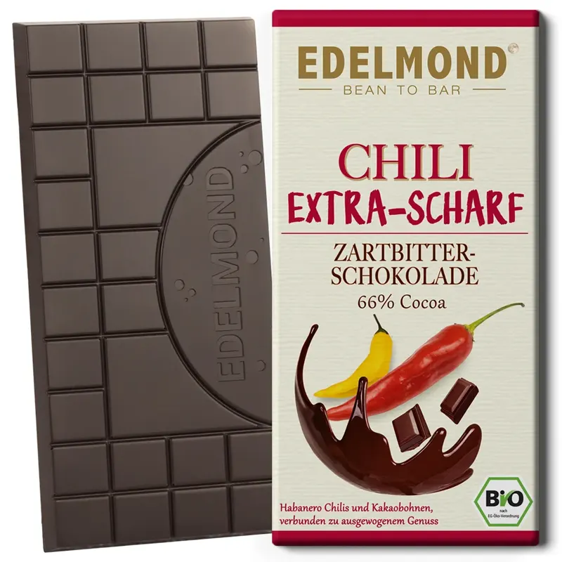 EDELMOND | Dunkle Schokolade »Chili – Extra-Scharf« 66% | BIO | 80g MHD 28.10.2025 Extra Scharfe Chili-Schokolade mit Habanero-Chili