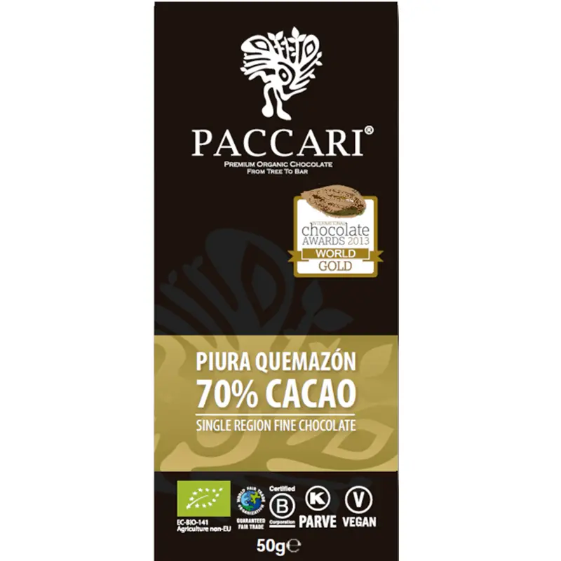 PACCARI | Dunkle Schokolade »Piura Quemazón« Ecuador 70% | BIO | 50g MHD 30.11.2025 Prämierte Peru Quemazon Schokolade von Paccari früher Pacari