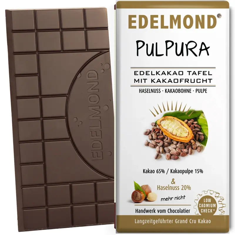 EDELMOND Schokoladen | Edelkakaotafel mit Kakaofrucht & Haselnuss »PulPura & Pulpe« 80% | 72g Nußschokolade mit Kakaopulpe von Edelmond