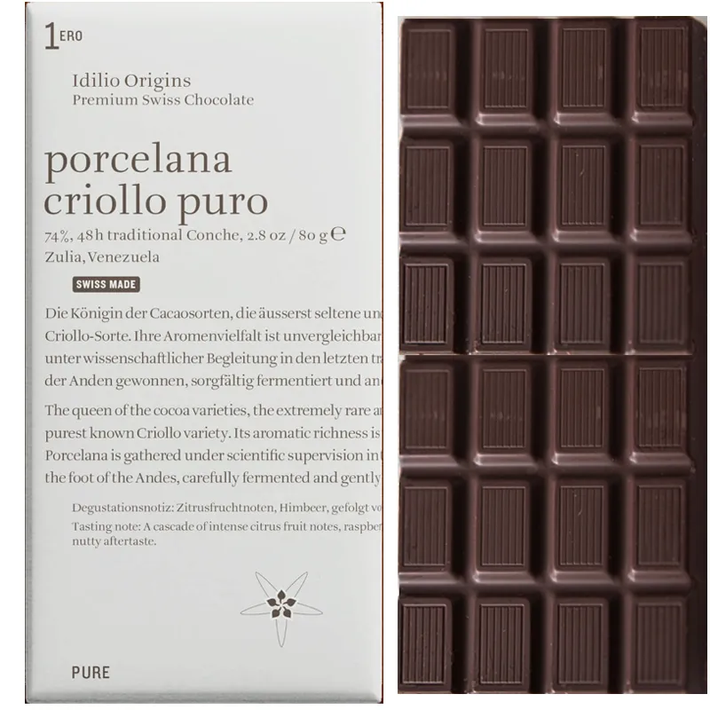 IDILIO ORIGINS | Dunkle Schokolade »1ero Porcelana Criollo Puro« Venezuela 74% | 80g Beste prämierte schweizer Schokolade 1er Porcelana Criollo von Idilio Origins