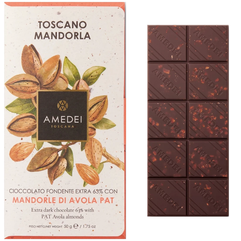 Amedei Toscano Mandorla 63 % – dunkle Schokolade mit Avola-Mandeln 50 g