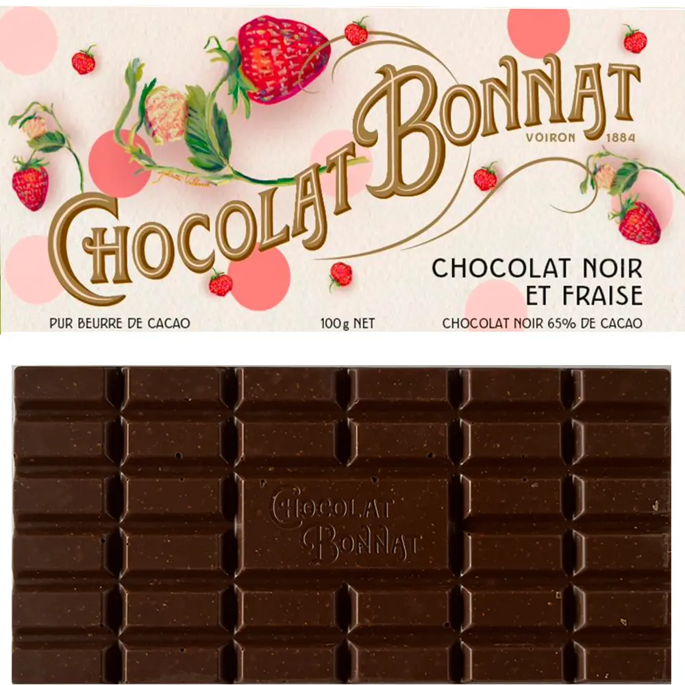 Bonnat dunkle Schokolade mit Erdbeeren, hübsche Verpackung weiß mit Erdbeeren