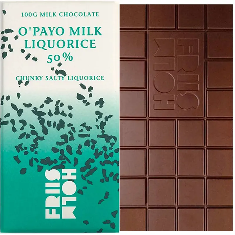 FRIIS-HOLM | Milchschokolade & Lakritze »O'Payo Milk Liquorice« 50% | 100g O Payo Milk Liquorice Milchschokolade mit Lakritz von Mikkel Friis Holm Dänemark