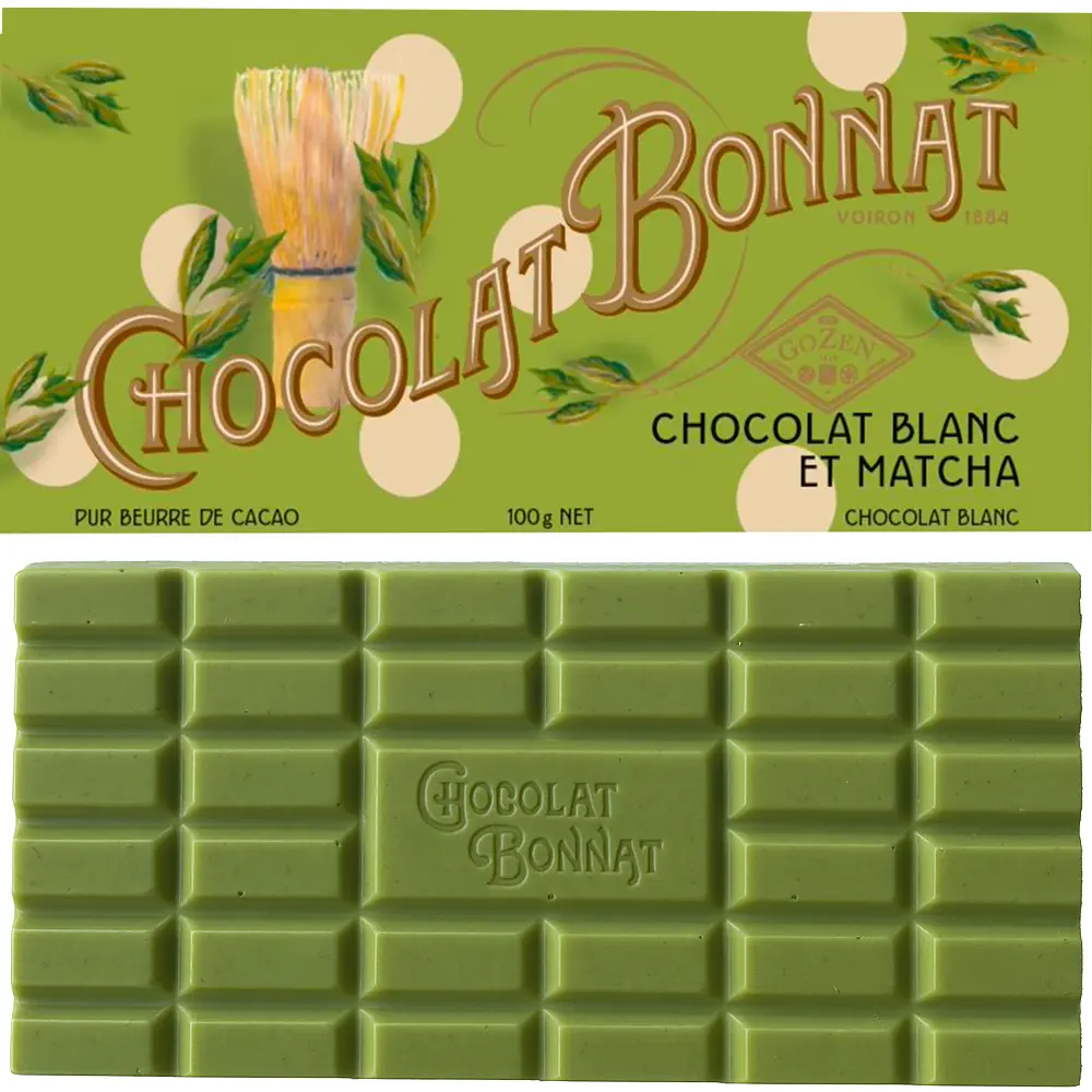 Wunderbare grüne Schokoladentafel mit Verpackung Chocolat Bonnat Blanc et Matcha , weiße Schokolad emit matcha