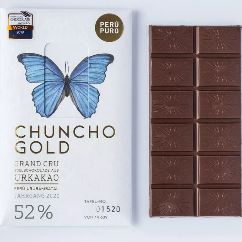 PERÙ PURO | Milchschokolade »Chuncho Gold« 52% Chuncho beste Milchschokolade Tafel mit Schmetterling Peru Puro
