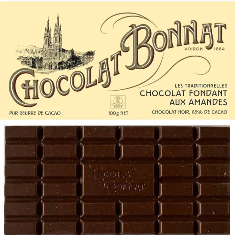 BONNAT Dunkle Schokolade & Mandeln | Chocolat »fondant aux amandes« 65% | 100g Dunkle Schokolade von Bonnat mit Mandeln