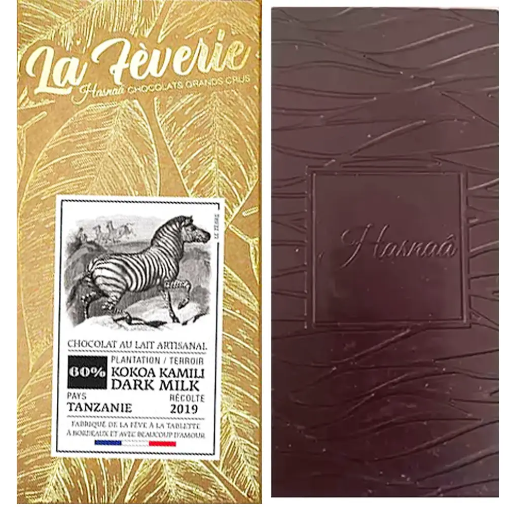 HASNAÂ Chocolats La Fèverie | Milchschokolade »Tanzanie – Chiwa Chiwa Village« 60% | 56g Dunkle Schokolade Kokoa Kamili Tanzanie von Hasnaa Bordeaux