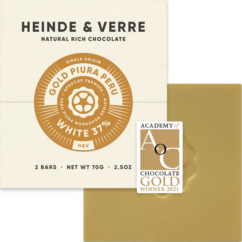 HEINDE & VERRE | Weiße Schokolade »Gold Piura Peru« 37% | 70g Gold Piura Peru prämierte Weiße Schokolasde Heinde und Verre