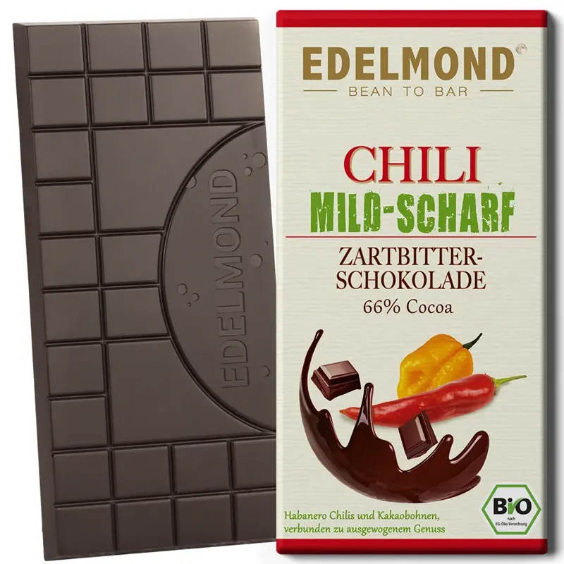 EDELMOND | Dunkle Schokolade »Chili – Mild« 66% | BIO | 80g MHD 24.10.2025 Mild-scharfe Chili-Schokolade von Edelmond