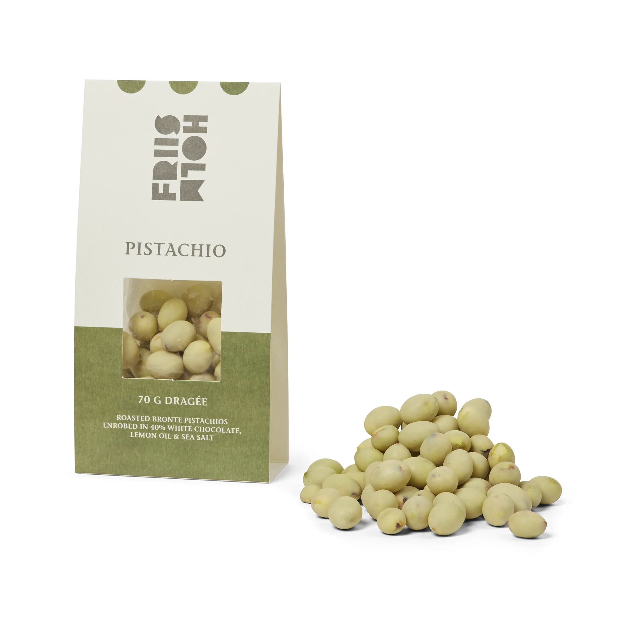 FRIIS-HOLM | Premium-Dragées Pistazien & Weiße Schokolade »Pistachio« 40% | BIO | 70g MHD 17.12.2025 Gesalzene Pistazien Dragees mit6 Lemon Öl von Friies Holm