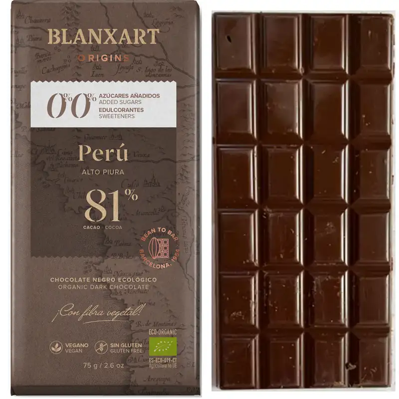 BLANXART Schokoladen | 0% 0% ohne Zuckerzusatz »Alto Piura PERU« 81% | BIO | 75g Schokolade ohne Zuckerzusatz von Blanxart Peru