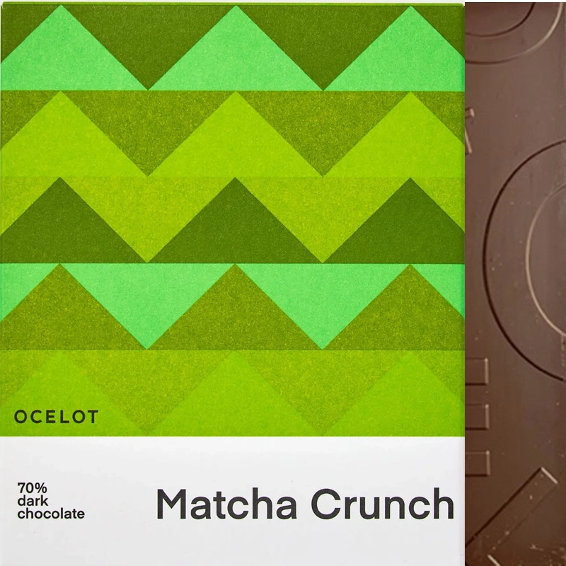 OCELOT Matcha Crunch 70% – dunkle Bio-Schokolade aus Schottland mit Genmaicha Tee