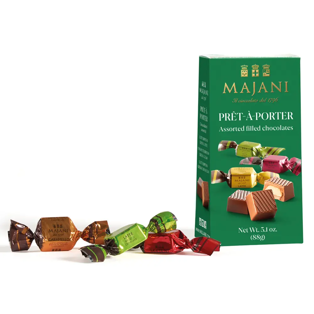 MAJANI | Pralinenmischung »Prêt-à-Porter« 22% | 88g Pret-a-Porter Nougatwürfel in grüner Verpackung von Majani