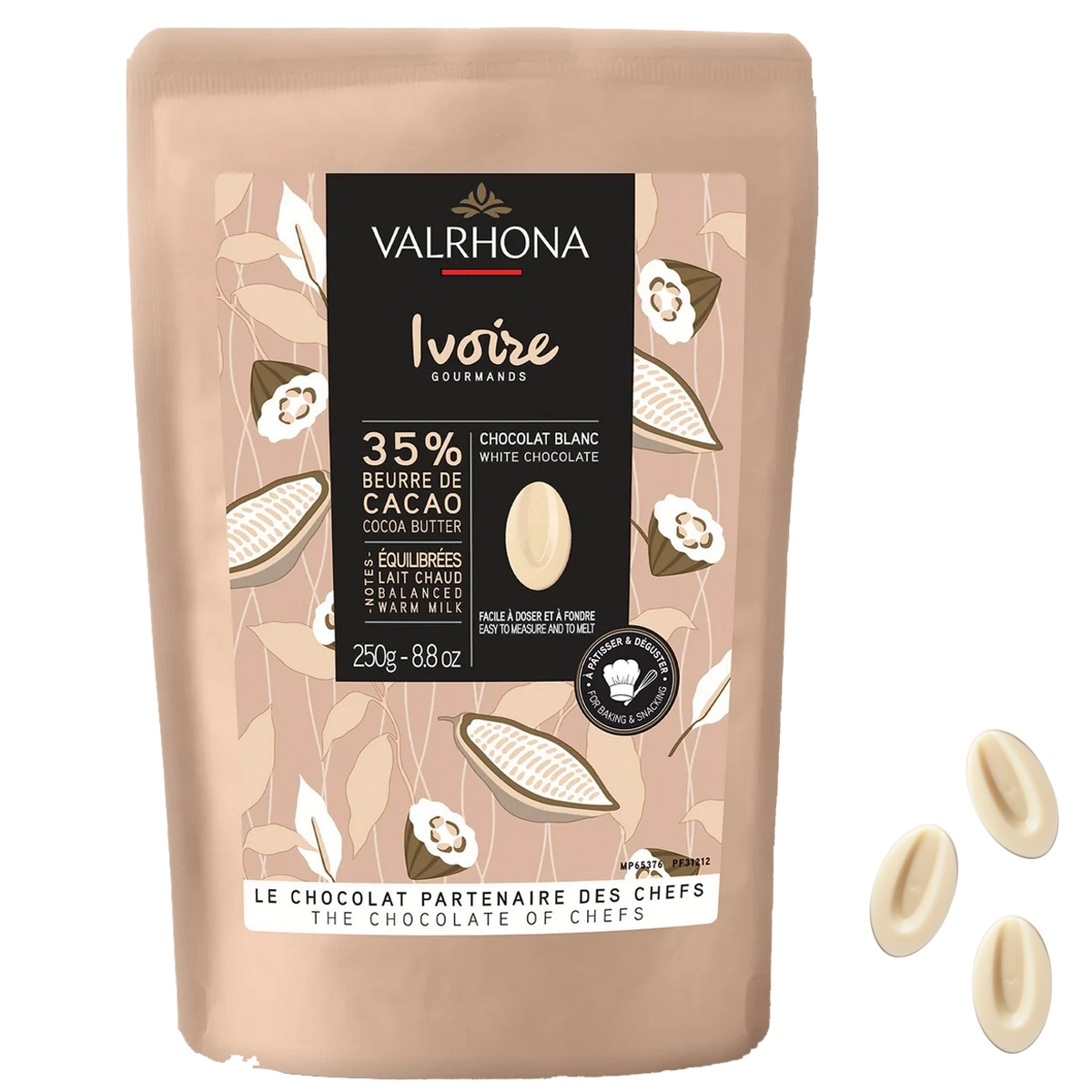 VALRHONA Ivoire 35 % – weiße Schokoladendrops Couverture 250 g