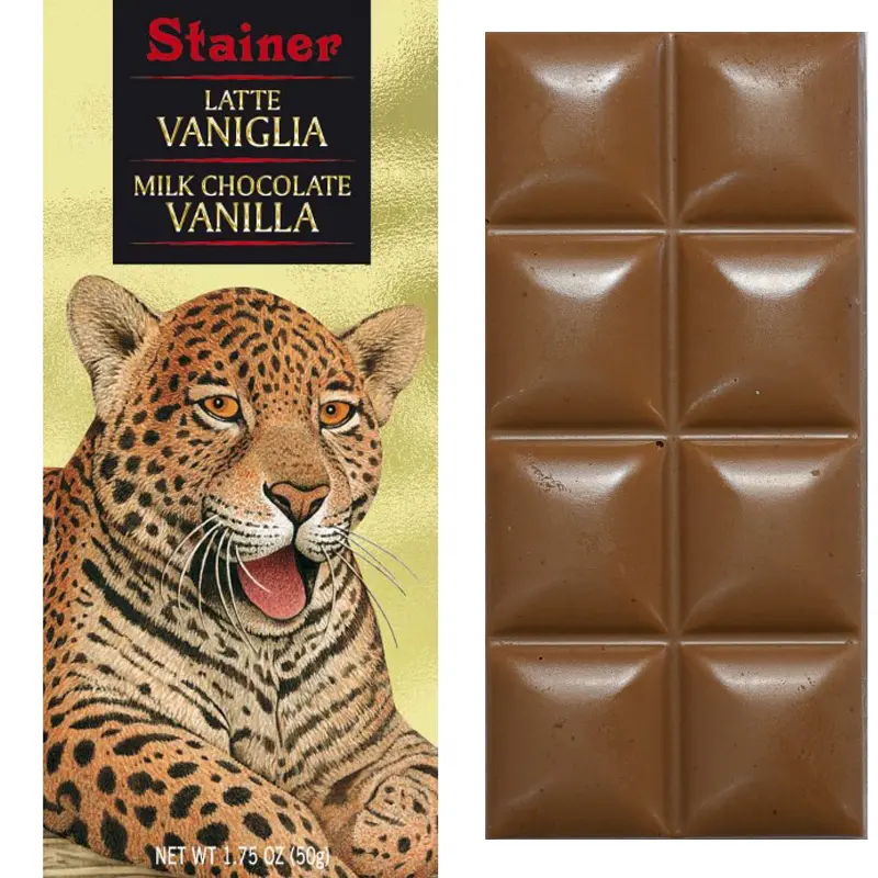 STAINER | Vollmilchschokolade »Bourbon Vanille« 43% | 50g Vollmilch Vanille italienische Schokolade von Stainer mit Tiger auf Verpackung