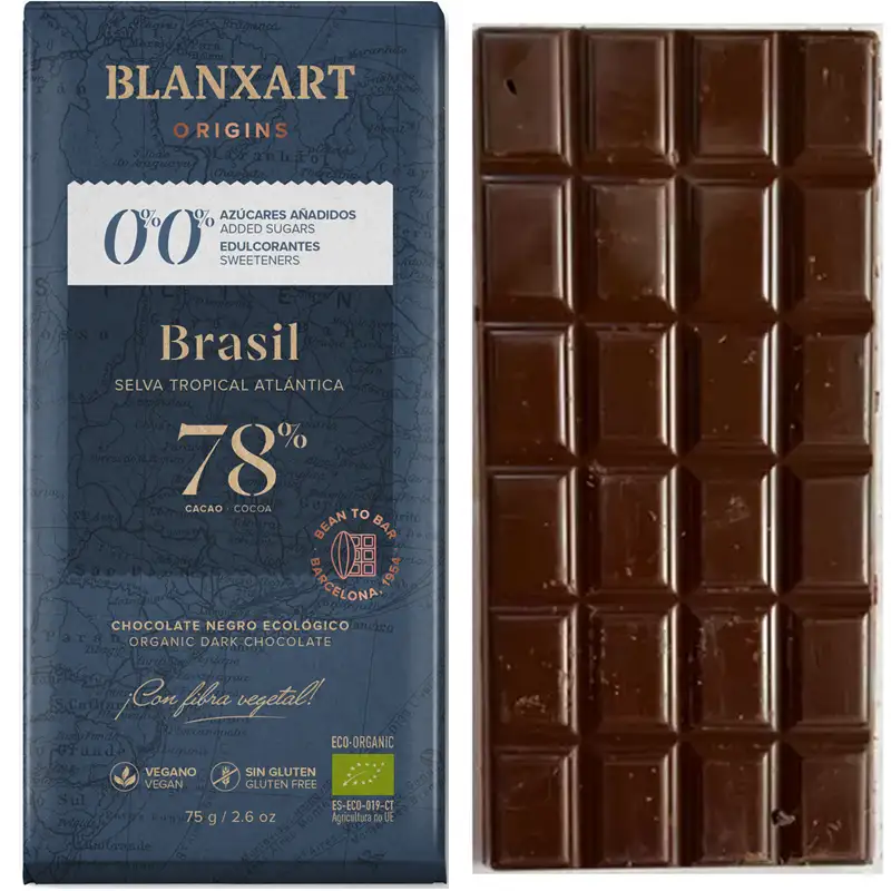BLANXART | Schokolade 0% ohne Zuckerzusatz »Brasil« 78% | BIO Zuckerfreie Schokolade mit wenig Kohlehydraten von blanxart