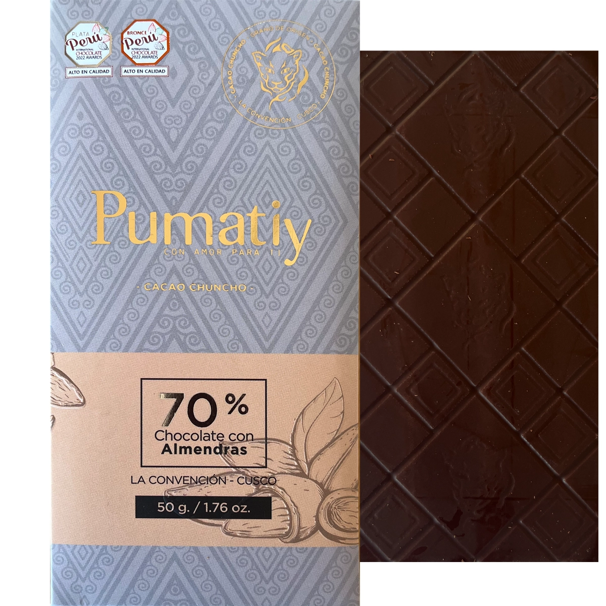 PUMATIY dunkle Schokolade 70% mit Mandeln aus Peru Cusco, knusprige Bean-to-Bar Schokolade Almendras