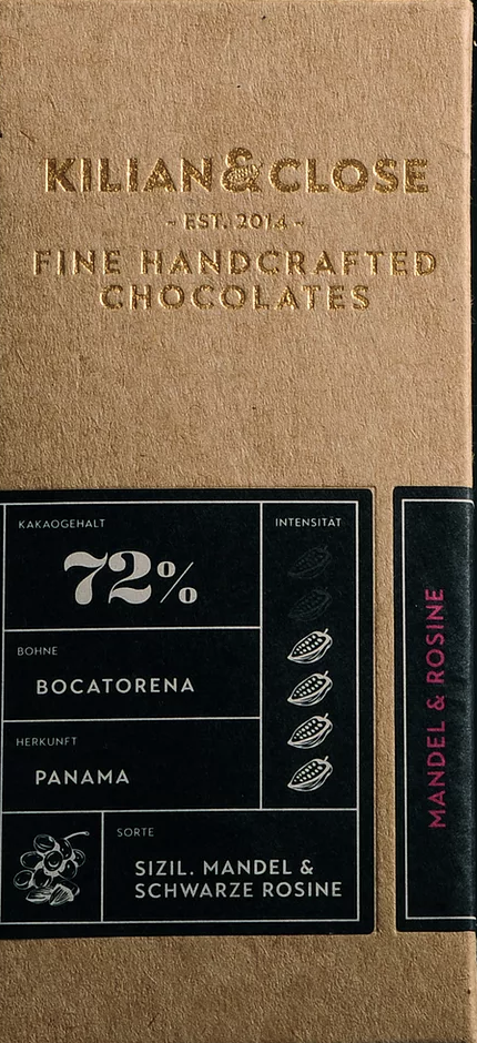 KILIAN & CLOSE | Zartbitterschokolade mit Mandeln & Rosinen 72% | BIO | 80g