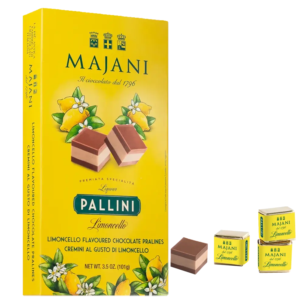 MAJANI | Nougat Mandel-Haselnuss-Cremino »Pallini Limoncello« | 101g Majani Limoncello Creminis Kleine Nougatwürfel in gelber Packung