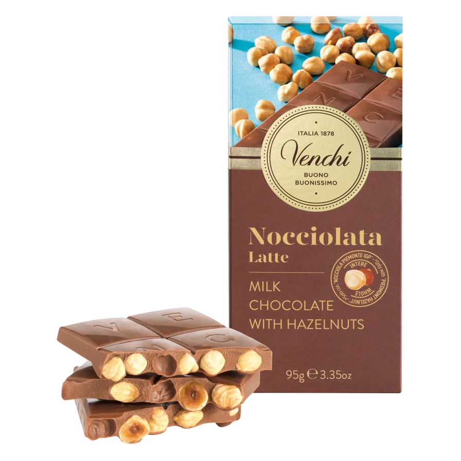 VENCHI | Milchschokolade mit ganzen Haselnüssen »Nocciolata« 31% | 95g Vollmilchschokolade mit Haselnüssen aus dem Piemont von Venchi italien
