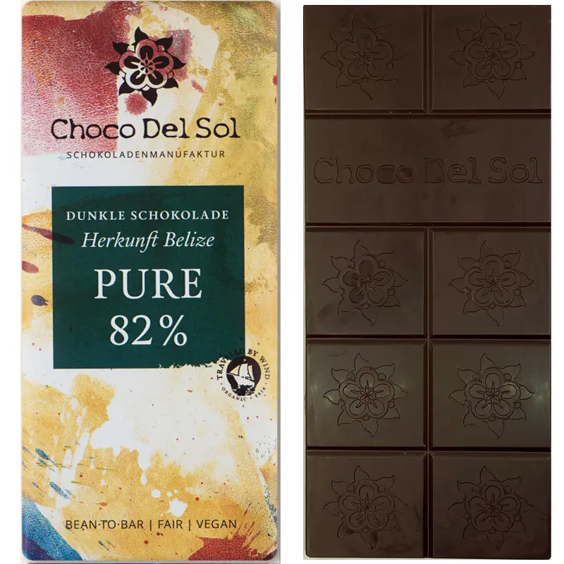 CHOCO DEL SOL | Dunkle Schokolade »PURE Belize« 82% | BIO | 58g Schokolade frei von Nussspuren und Allergenen