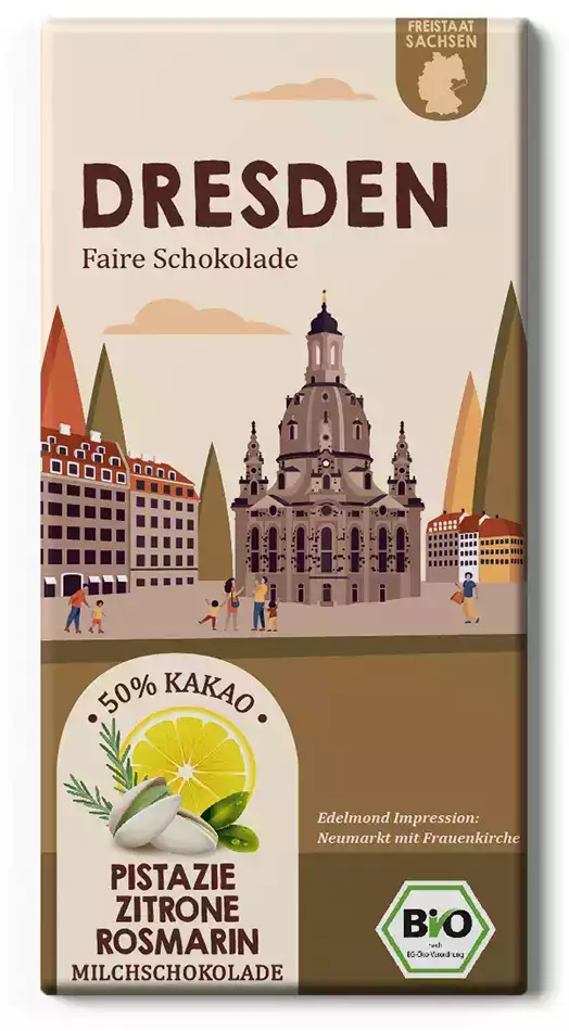 Edelmond Dresden Schokolade mit Pistazie und Zitrone