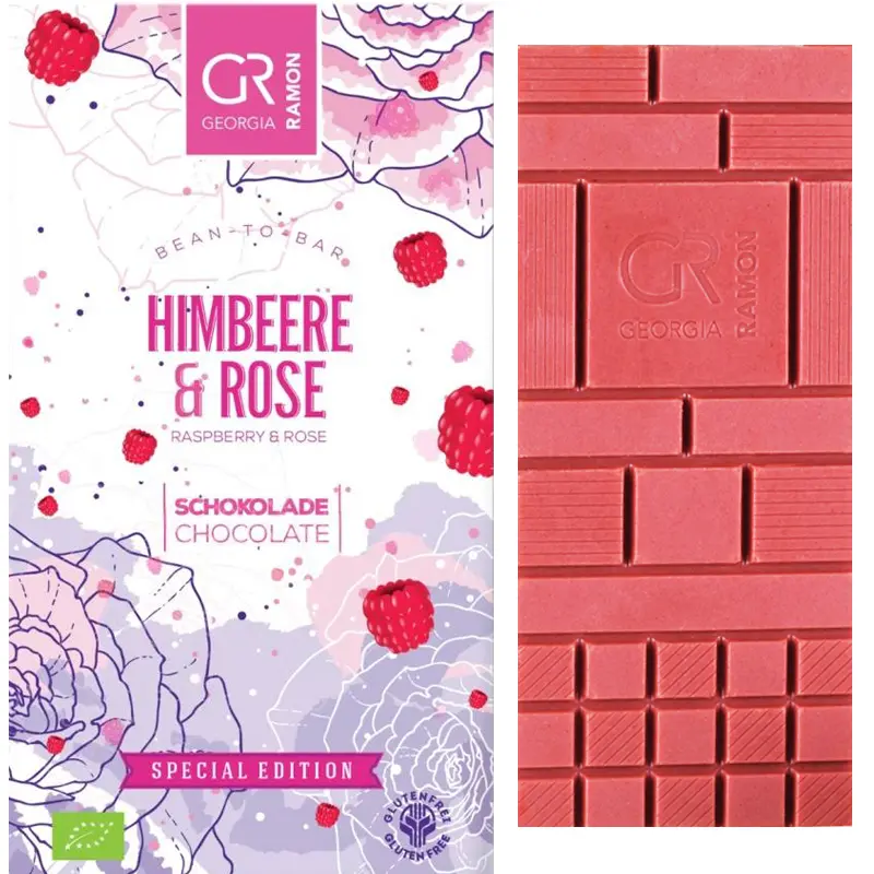 GEORGIA RAMON Weiße Schokolade »Himbeeren & Rosen« | BIO | 50g Weiße Schokolade mit Himbeer und Rose von Georgia Ramon