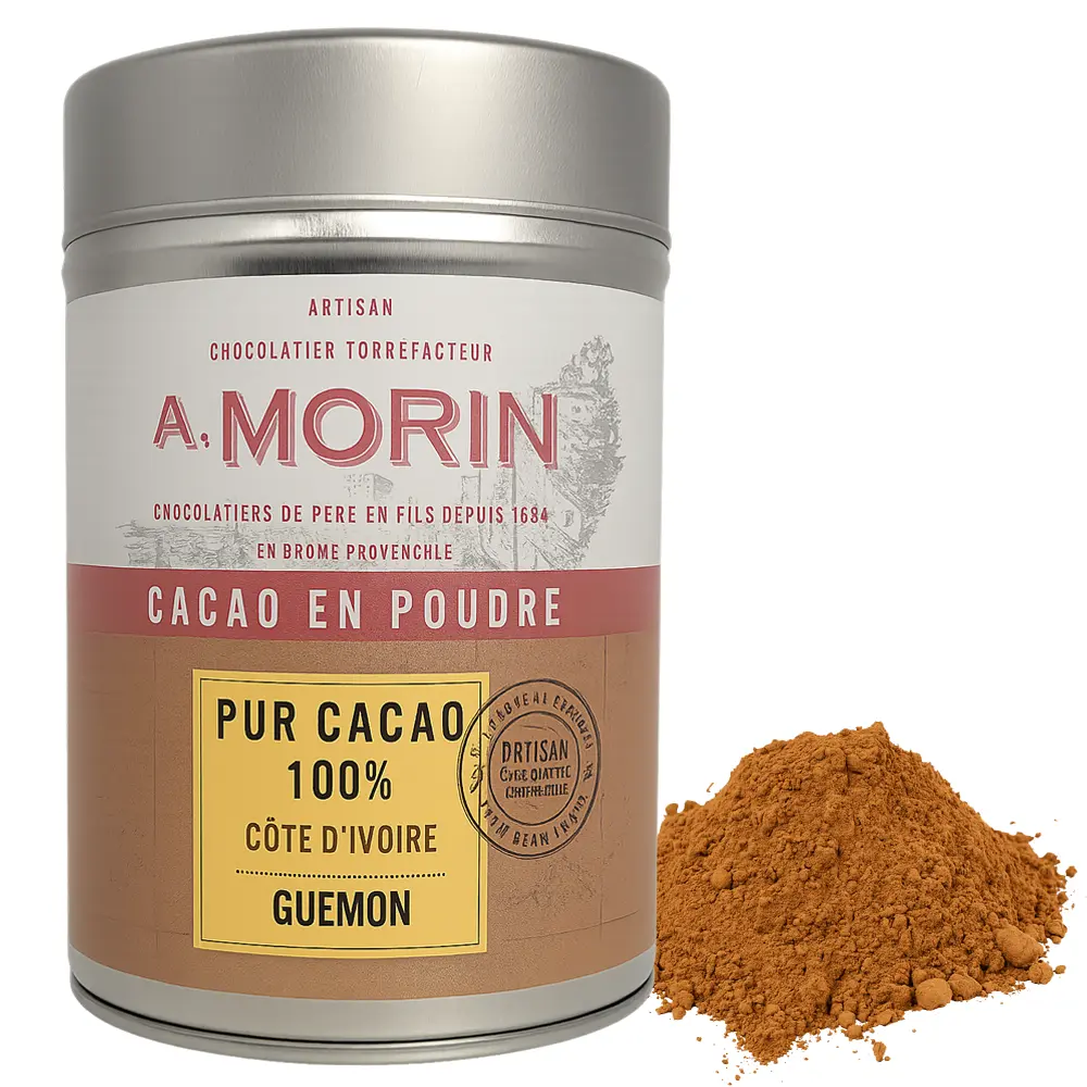 A. MORIN | Kakaopulver Elfenbeinküste »Côte d' Ivoire« 100% | 200g Foto einer silbernen Metalldose mit A. Morin Kakaopulver – „Pur Cacao 100 % Côte d’Ivoire Guémon“. Die Dose zeigt ein cremefarben-rotes Etikett mit gelbem Feld für die Herkunftsangabe und trägt den Aufdruck Pur Cacao