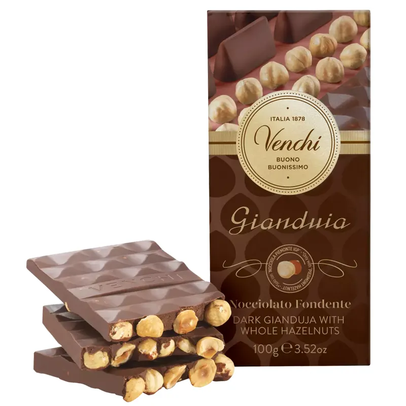 VENCHI | Dunkle Schokolade mit ganzen Haselnüssen »Gianduia« 37% | 100g Gianduia Nougat mit Haselnüssen in Schokolade von venchi