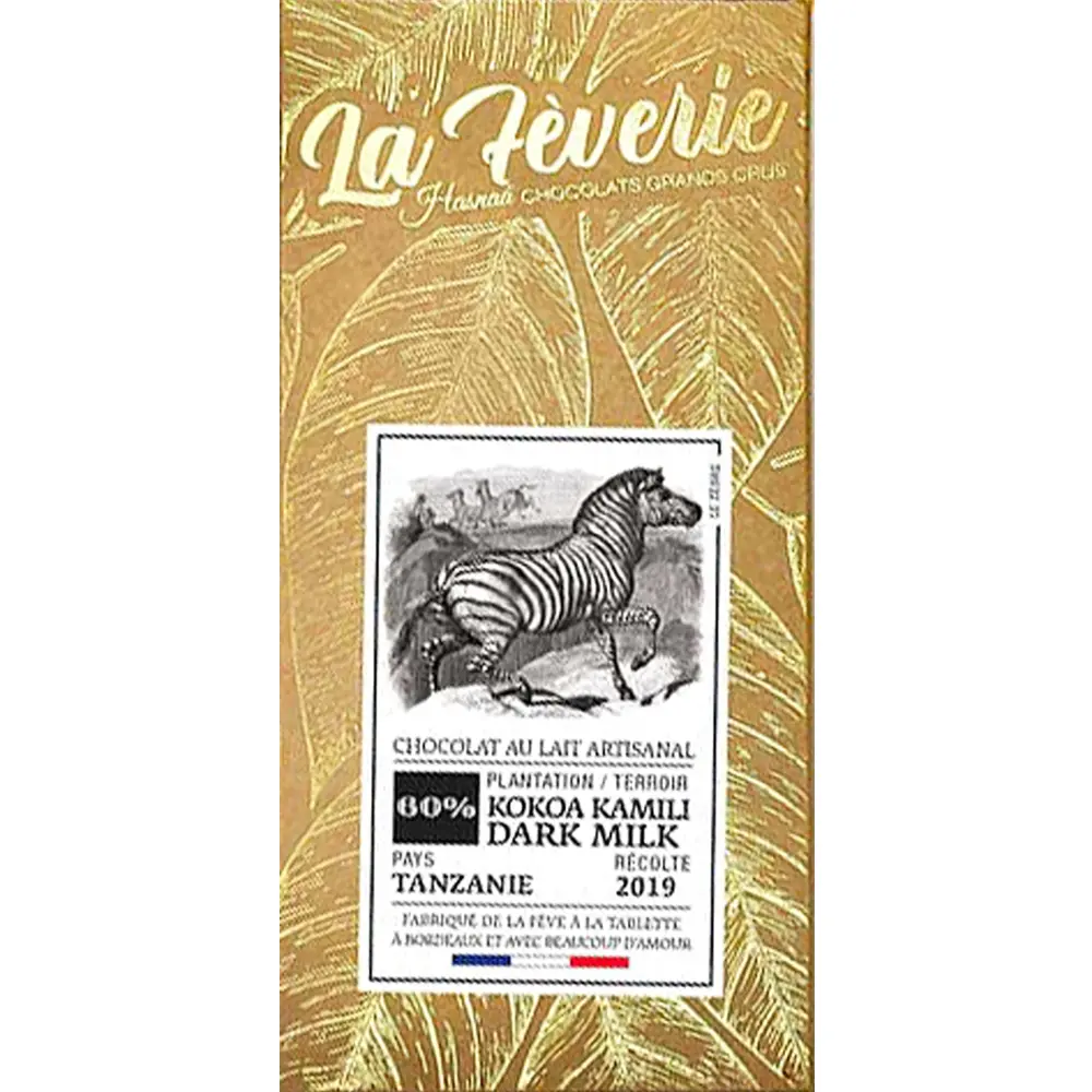 Goldene Schokoladentafelmit Zebra und Aufschrift Kokoa Kamili 80% Kakao von Hersteller Hasnaaor de Pancasan 75% von Hersteller Hasnaa