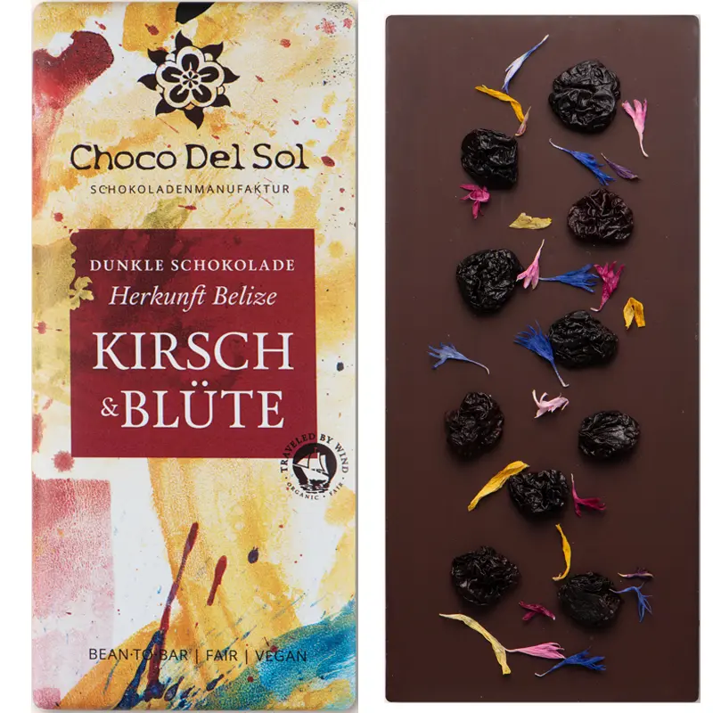 CHOCO DEL SOL | Dunkle Schokolade »Kirsch & Blüte« 82% | BIO | 58g Schokolade mit Sauerkirsche von Choco del Sol Kirschblüte Cherry Blossom