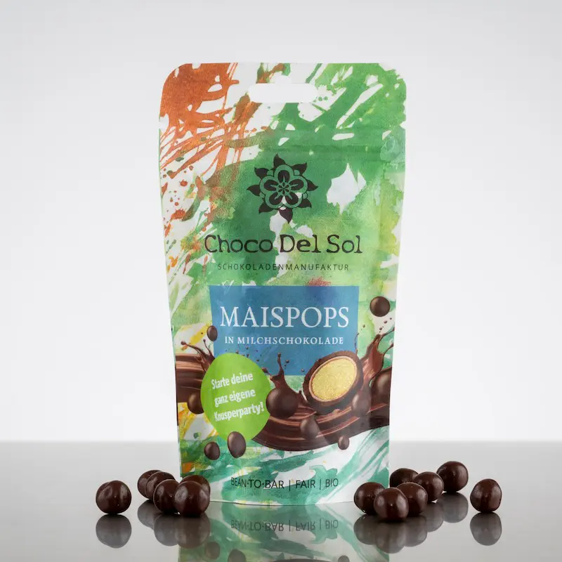 CHOCO DEL SOL | Maiskugeln in Milchschokolade »Maispops« BIO | 40g Maispops Popkorn in Milchschokolade von Choco del Sol